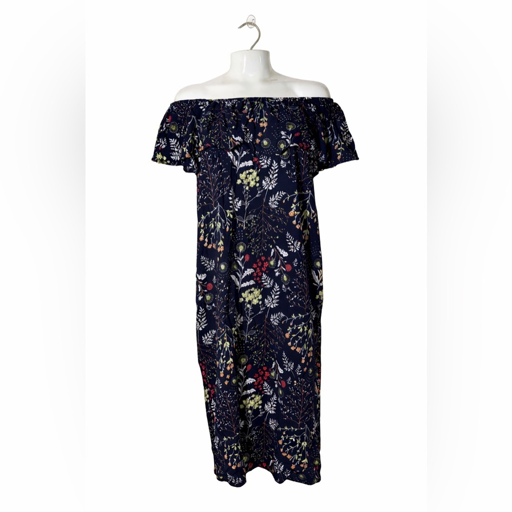 Charlie Page Floral Cottagecore Navy W Size L Ruffle Top Midi Dress Off Shoulder